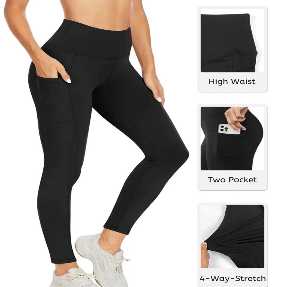 Women's High Waist Yoga Leggings w/Pockets Stretchy Black Size XL